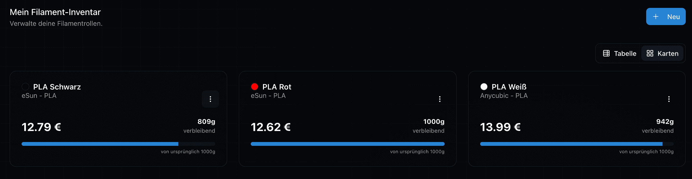 Filament Lager Übersicht